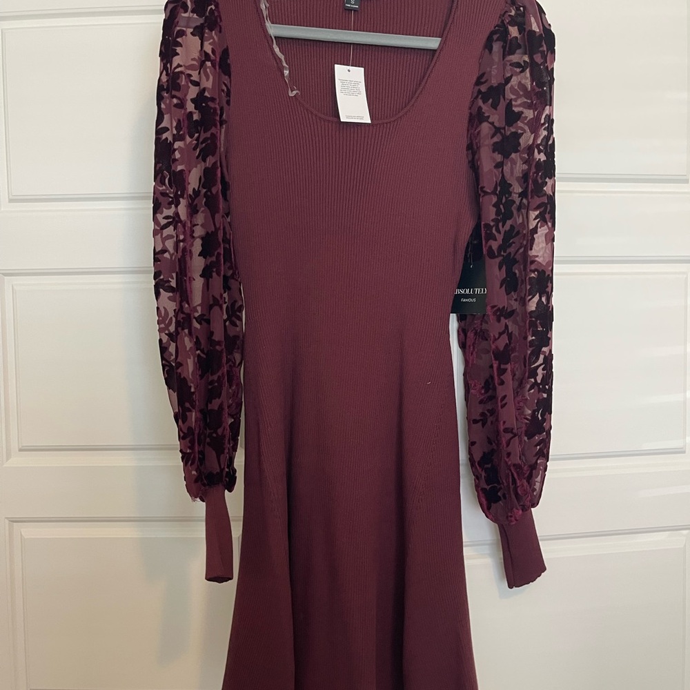 Women's Ribbed Fit-and-Flare Dress with Velvet Burnout Sleeve - Burgundy NWT